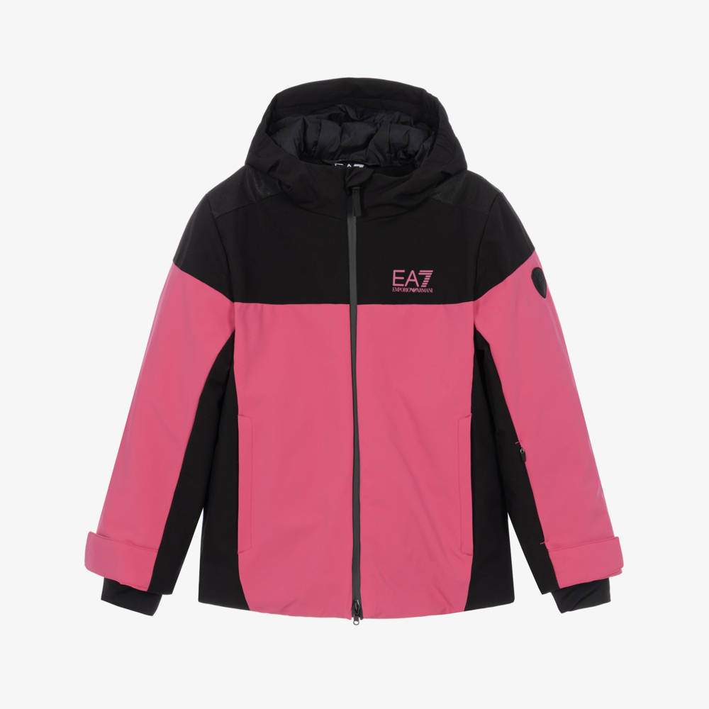 EA7 Emporio Armani-Girls Black & Magenta Pink Technical Ski Jacket | Childrensalon