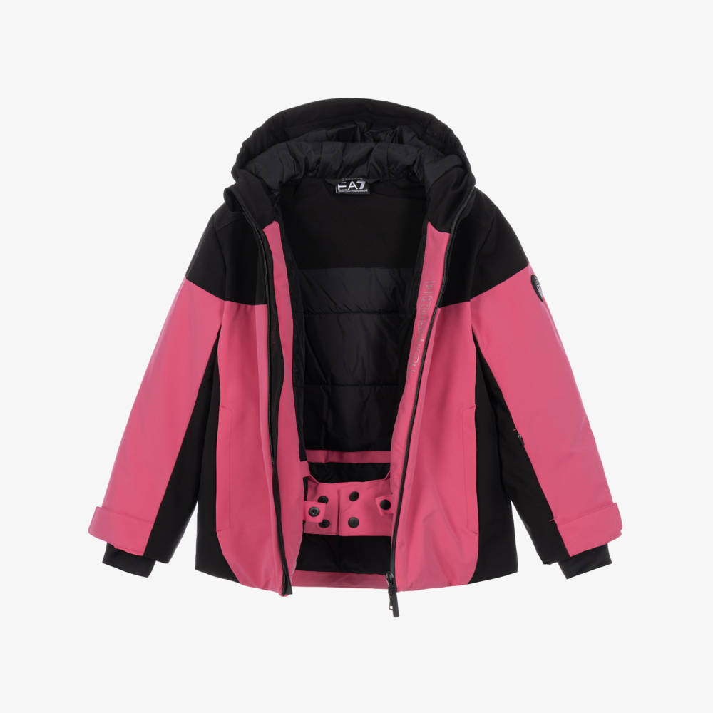 EA7 Emporio Armani-Girls Black & Magenta Pink Technical Ski Jacket | Childrensalon
