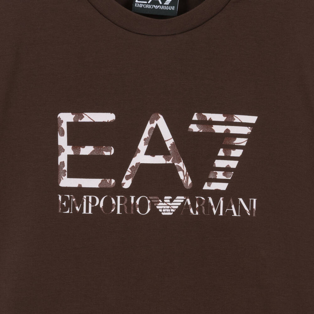 EA7 Emporio Armani-Girls Brown Cotton T-Shirt with Floral EA7 Logo | Childrensalon