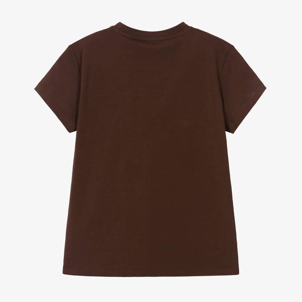 EA7 Emporio Armani-Girls Brown Cotton T-Shirt with Floral EA7 Logo | Childrensalon