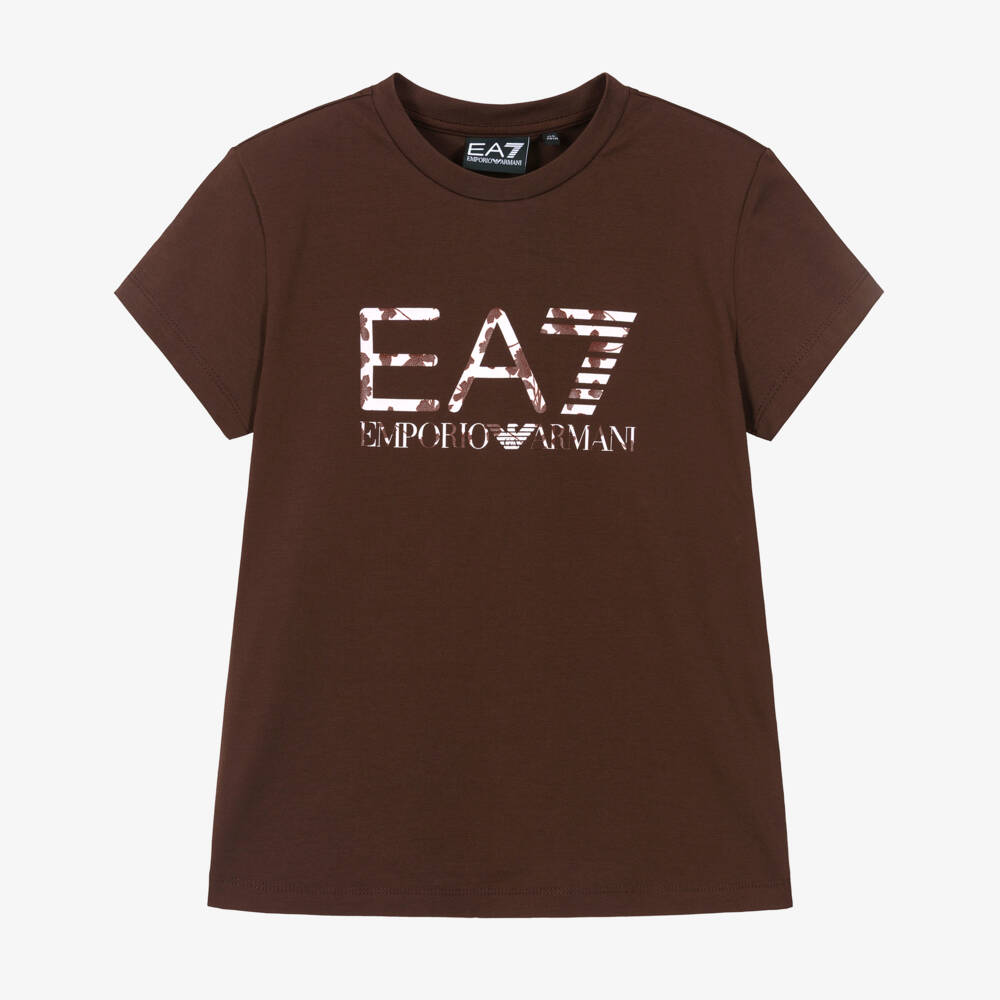 EA7 Emporio Armani-Girls Brown Cotton T-Shirt with Floral EA7 Logo | Childrensalon