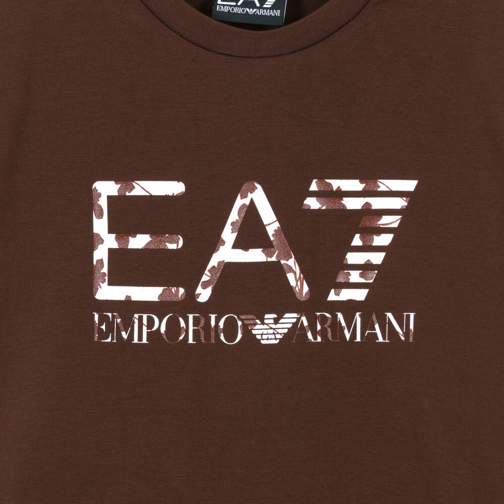 EA7 Emporio Armani-Girls Brown Cotton T-Shirt with Floral EA7 Logo | Childrensalon