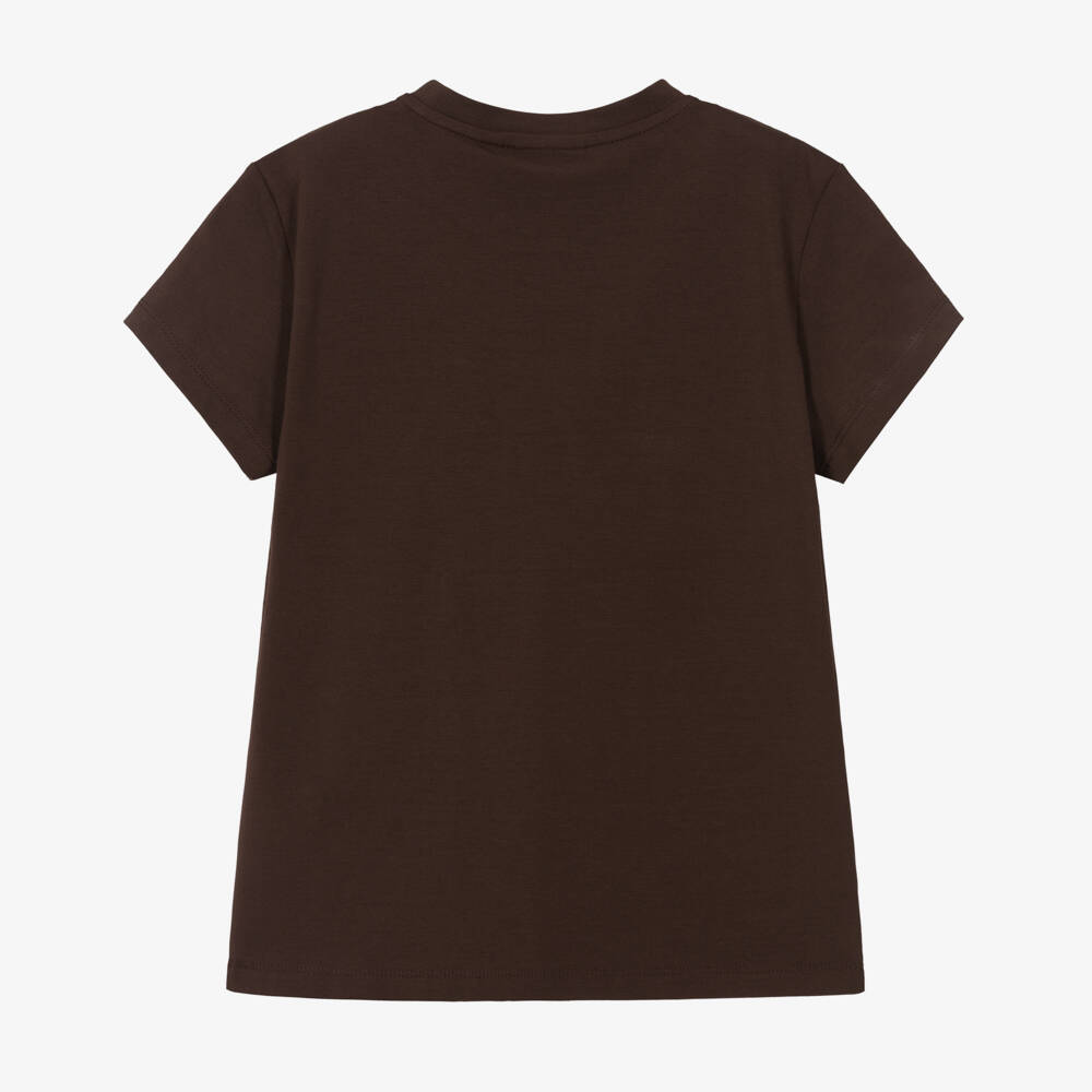 EA7 Emporio Armani-Girls Brown Cotton T-Shirt with Floral EA7 Logo | Childrensalon