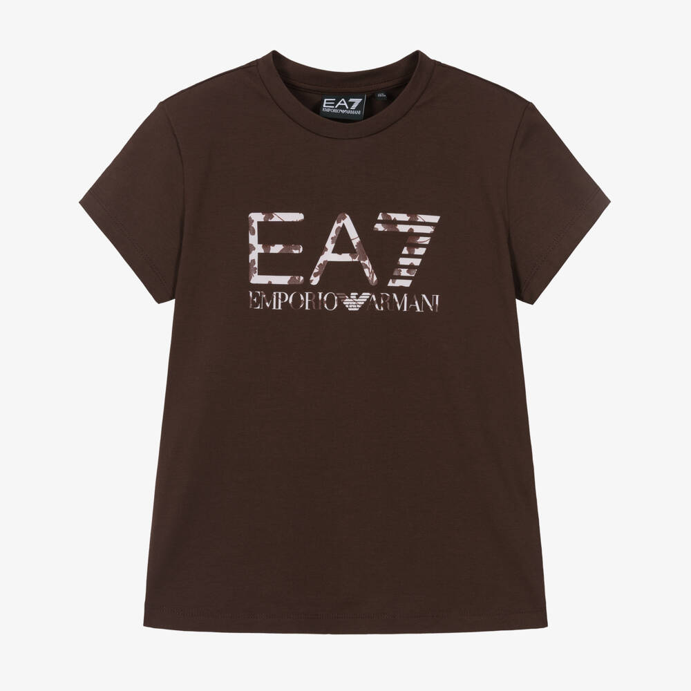 EA7 Emporio Armani-Girls Brown Cotton T-Shirt with Floral EA7 Logo | Childrensalon