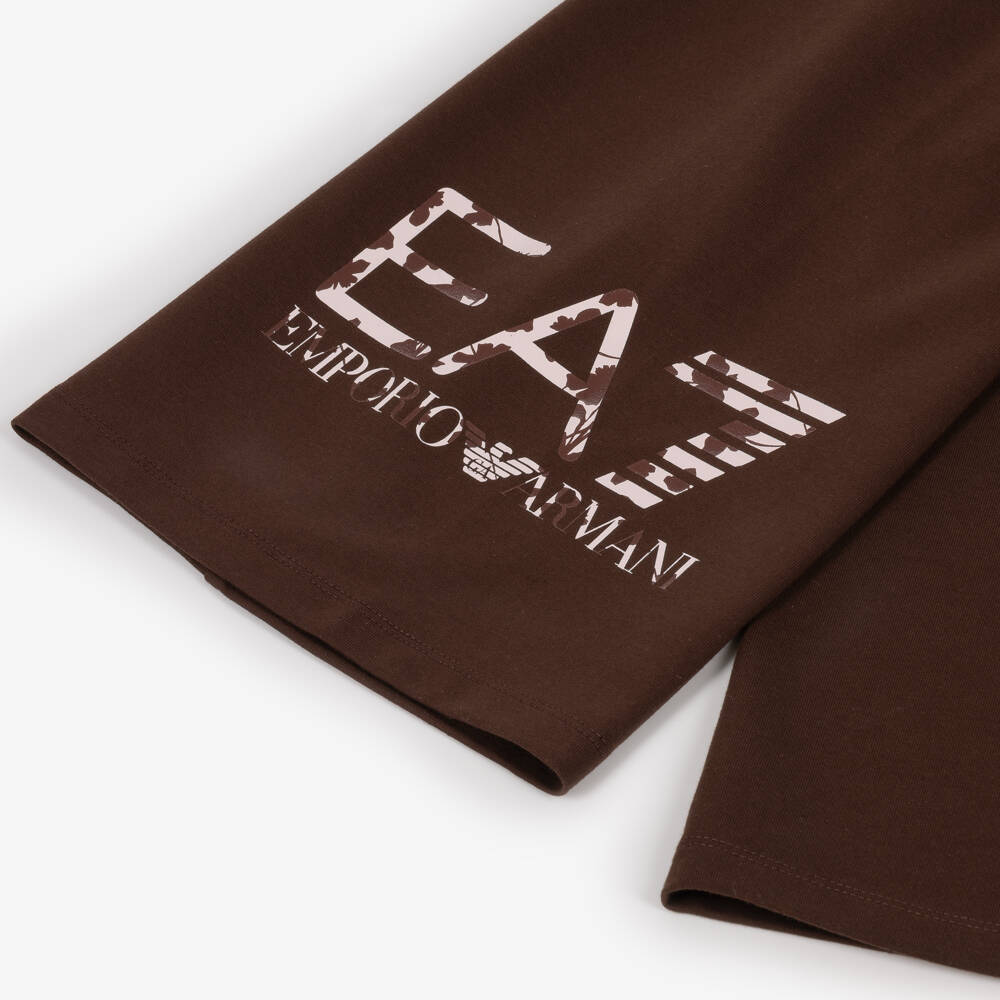 EA7 Emporio Armani-Girls Brown Wide-Leg Trousers with Floral EA7 Logo | Childrensalon