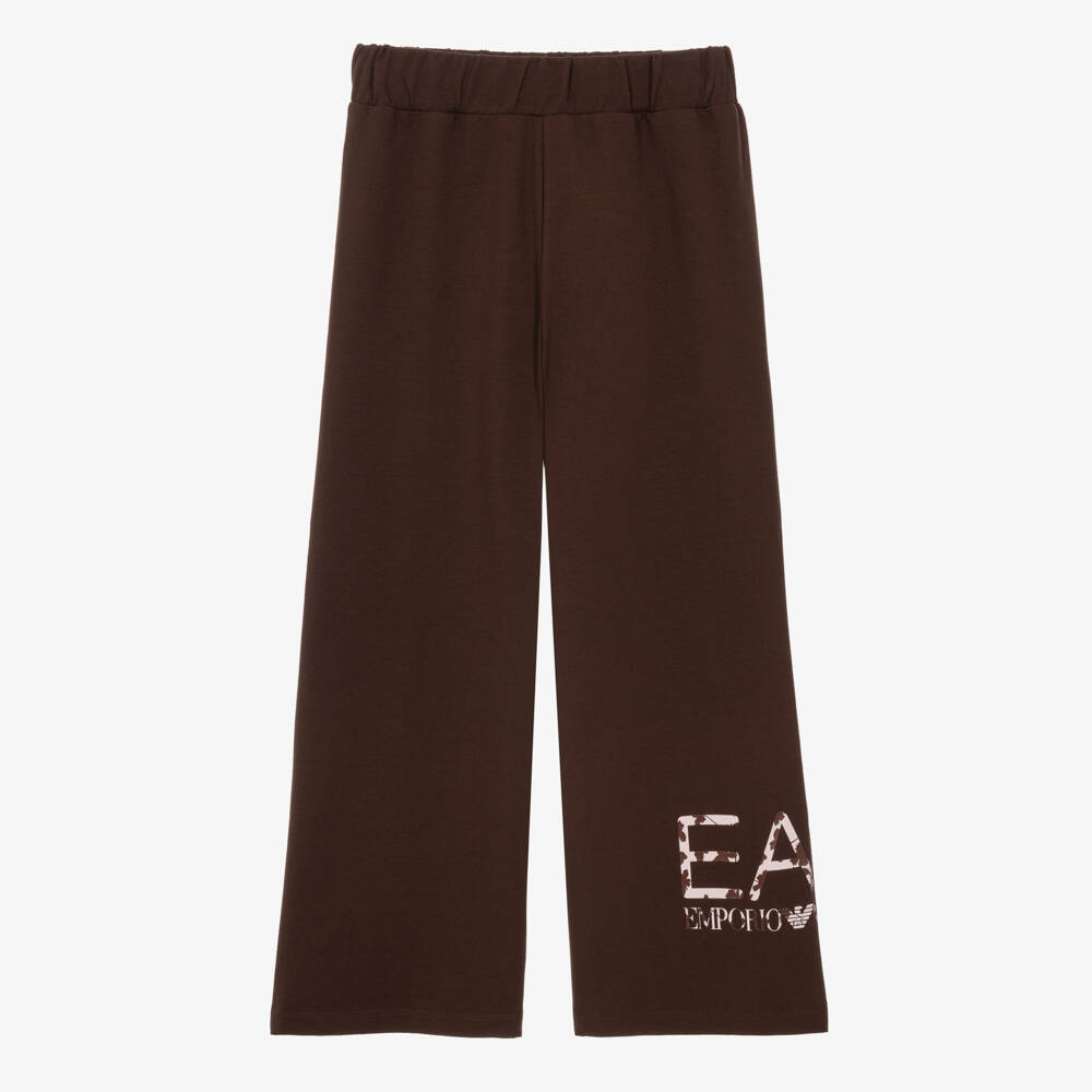 EA7 Emporio Armani-Girls Brown Wide-Leg Trousers with Floral EA7 Logo | Childrensalon