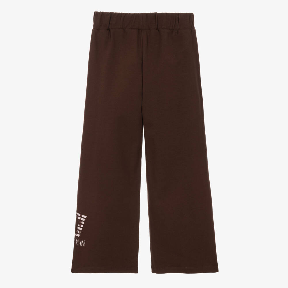 EA7 Emporio Armani-Girls Brown Wide-Leg Trousers with Floral EA7 Logo | Childrensalon