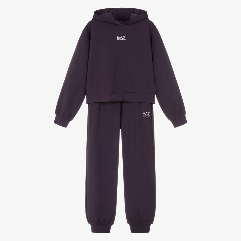 EA7 Emporio Armani-Girls Plum Purple Cotton Hooded Tracksuit with Glittery Logo | Childrensalon