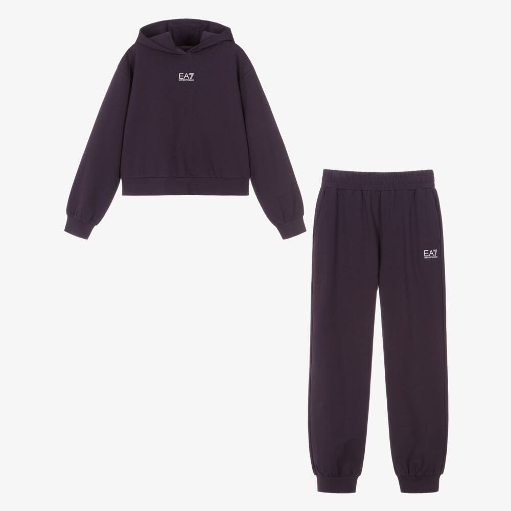 EA7 Emporio Armani-Girls Plum Purple Cotton Hooded Tracksuit with Glittery Logo | Childrensalon