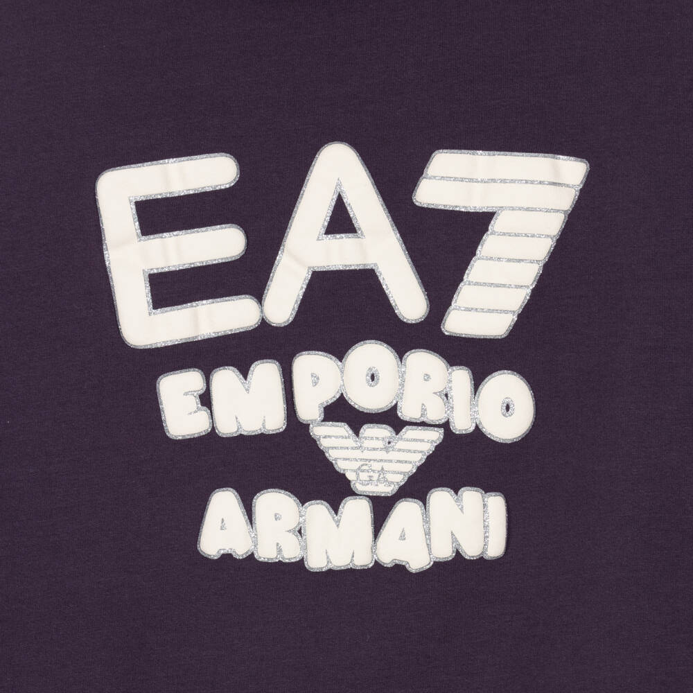 EA7 Emporio Armani-Girls Plum Purple Cotton Hooded Tracksuit with Glittery Logo | Childrensalon