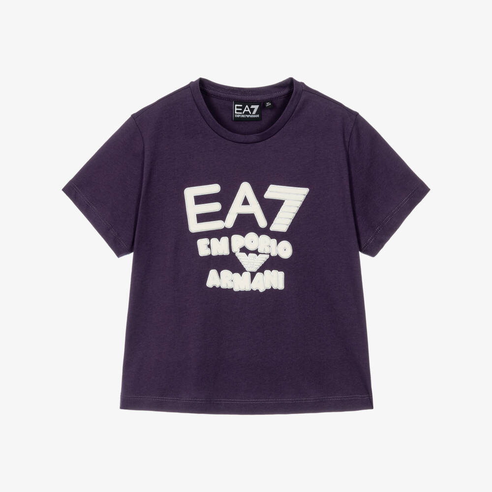 EA7 Emporio Armani-Girls Plum Purple Cotton Logo Series T-Shirt | Childrensalon