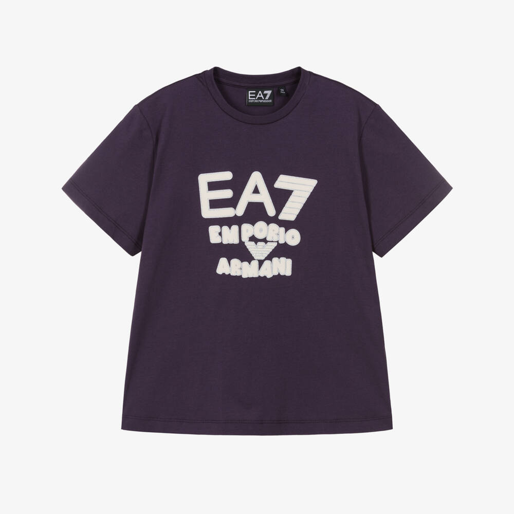 EA7 Emporio Armani-Girls Purple Cotton T-Shirt with Glittery Logo | Childrensalon