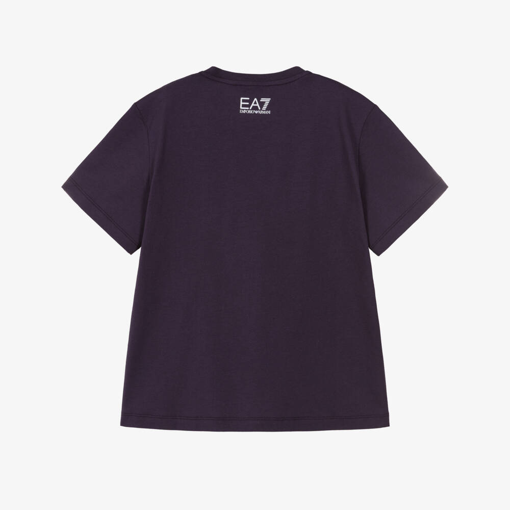 EA7 Emporio Armani-Girls Purple Cotton T-Shirt with Glittery Logo | Childrensalon
