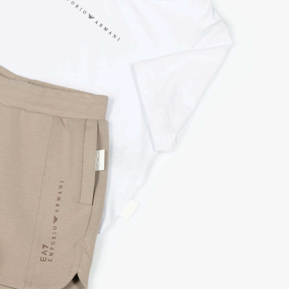 EA7 Emporio Armani-Girls White & Beige Ventus7 Shorts Set | Childrensalon