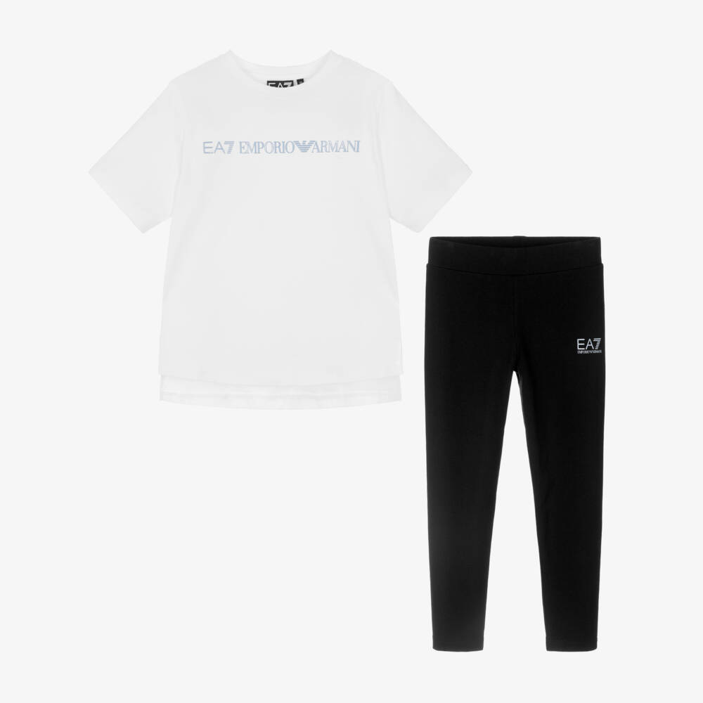 EA7 Emporio Armani-Girls White & Black Cotton Leggings Set with EA7 Logo | Childrensalon
