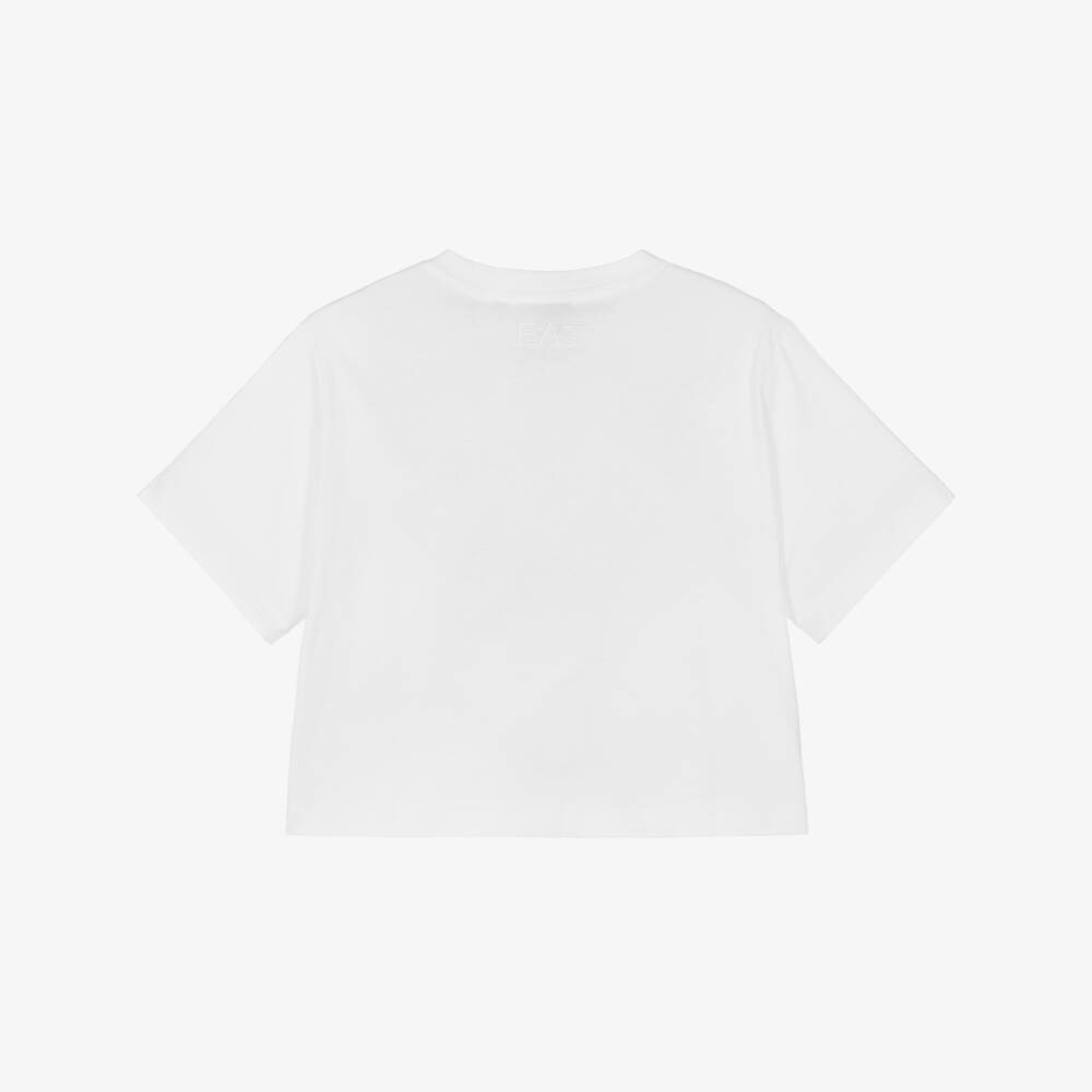 EA7 Emporio Armani-Girls White Cotton Boxy Fit T-Shirt | Childrensalon