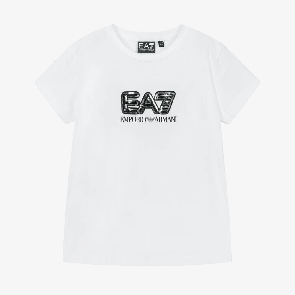 EA7 Emporio Armani-Girls White Cotton T-Shirt with EA7 Sequin Logo | Childrensalon