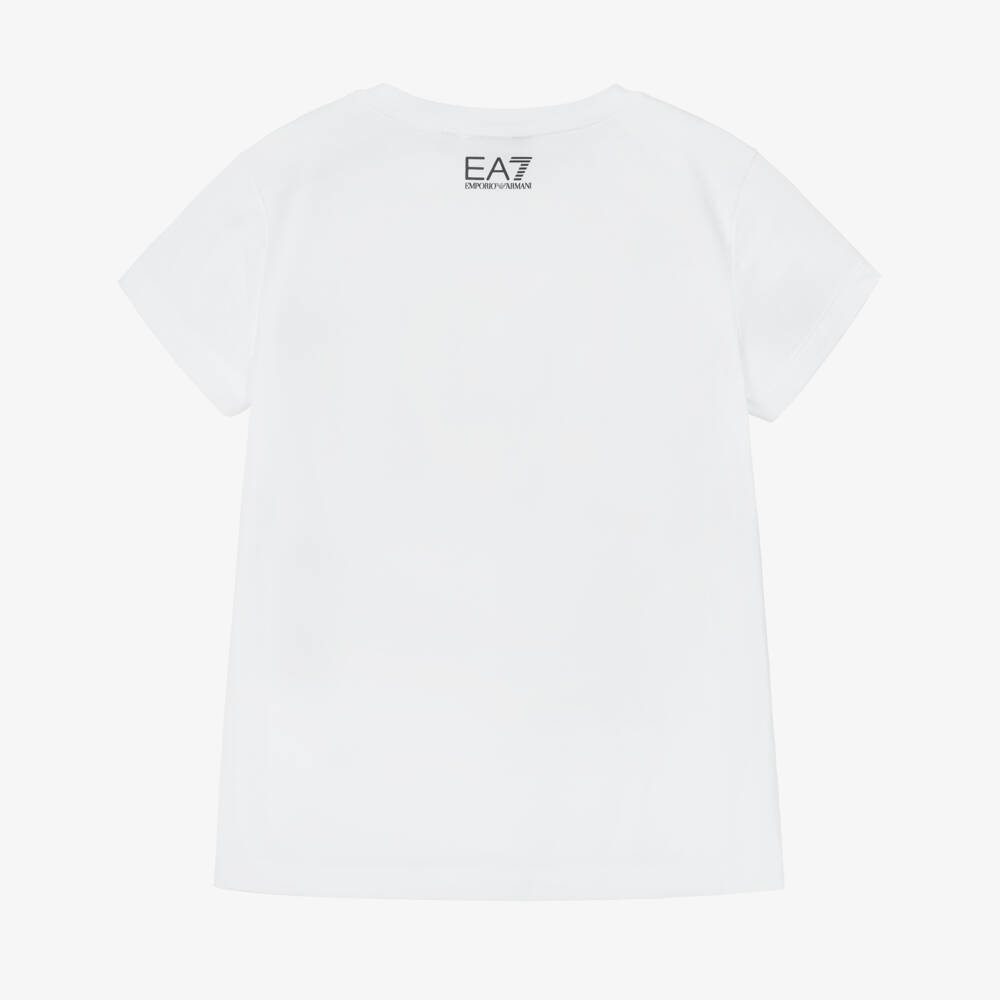 EA7 Emporio Armani-Girls White Cotton T-Shirt with EA7 Sequin Logo | Childrensalon