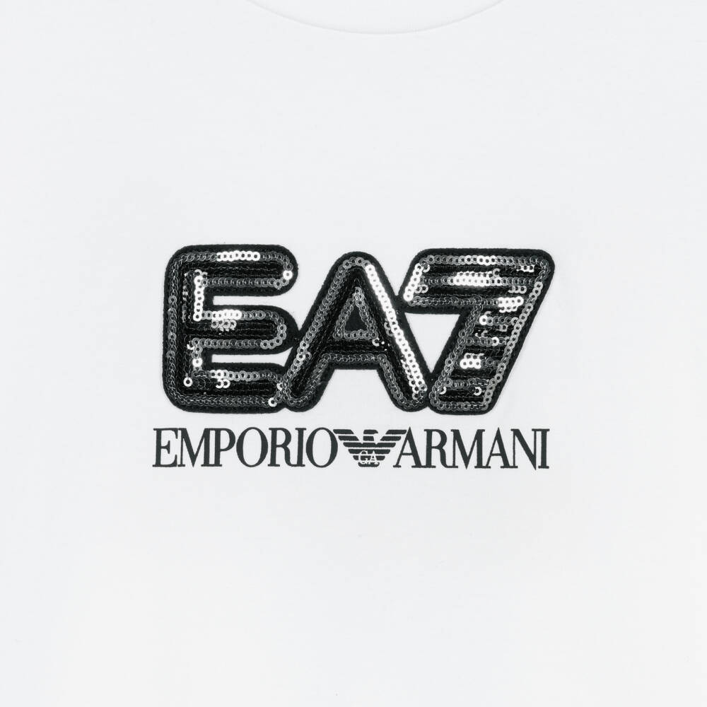 EA7 Emporio Armani-Girls White Cotton T-Shirt with EA7 Sequin Logo | Childrensalon