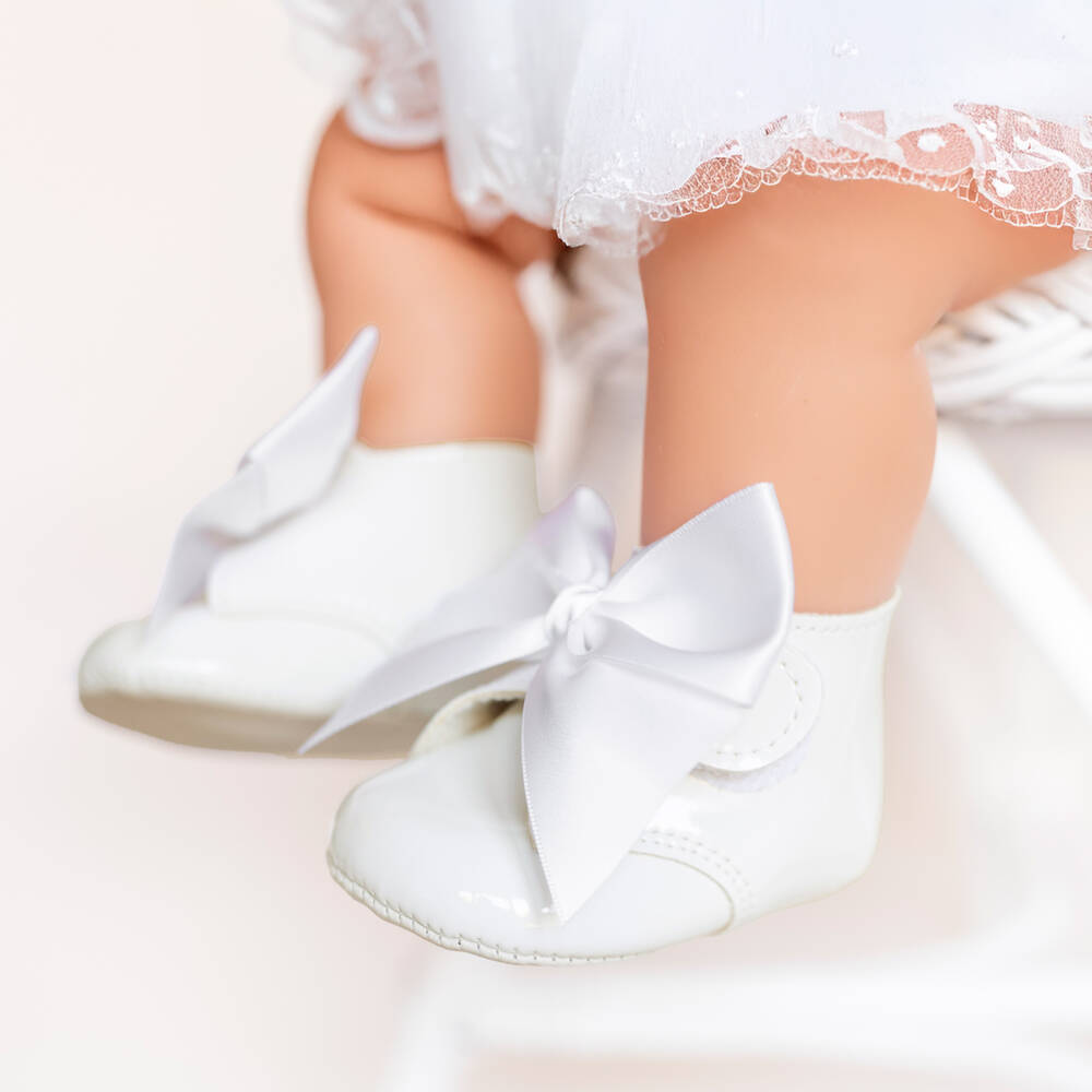 Early Days-Baby Girls White Patent Pre-Walker Boots with Satin Bow | Childrensalon