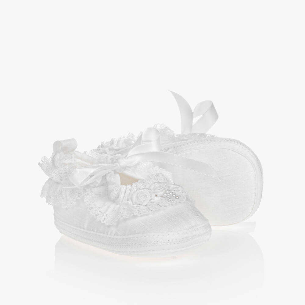 Early Days-Baby Girls White Silk Shoes with Lace & Bows | Childrensalon
