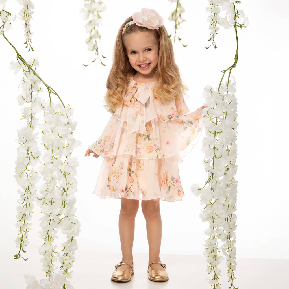 EIRENE-Baby Girls Blush Pink Chiffon Layered Floral Print Dress | Childrensalon