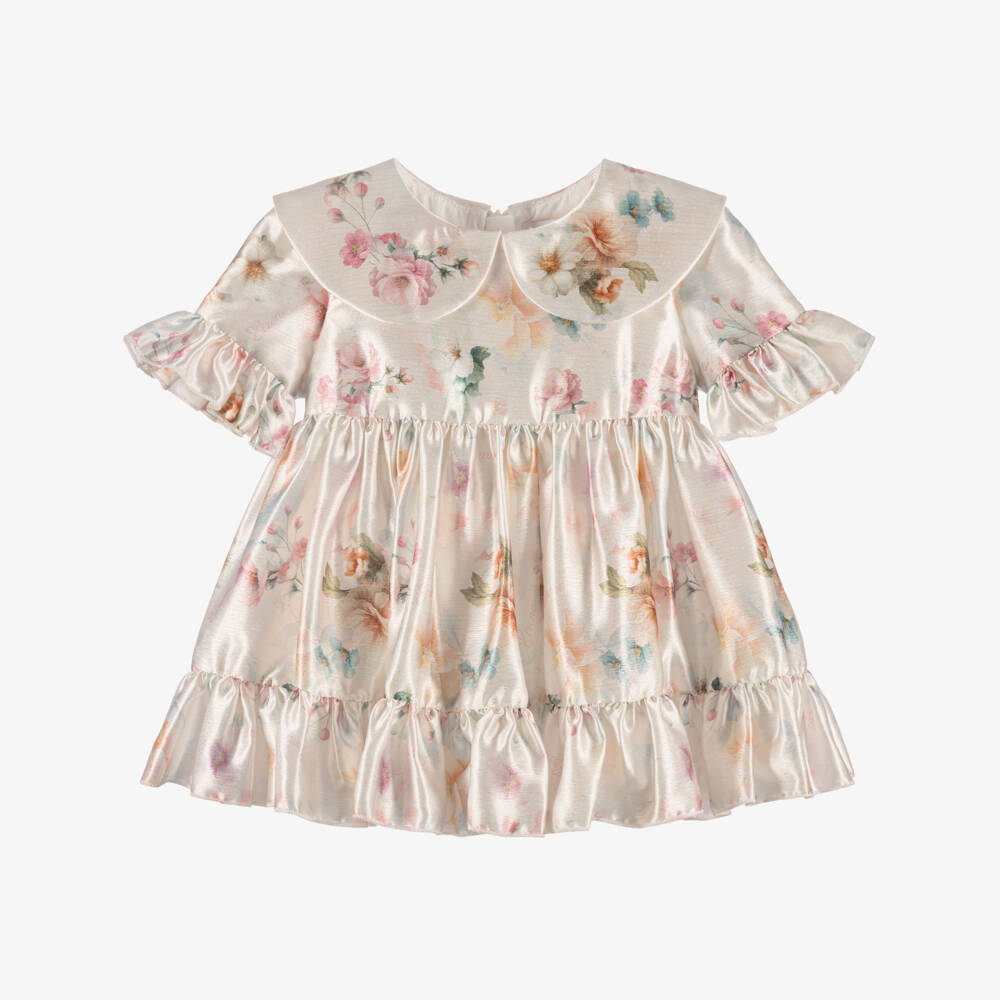 EIRENE-Baby Girls Ivory Floral Satin Dress | Childrensalon
