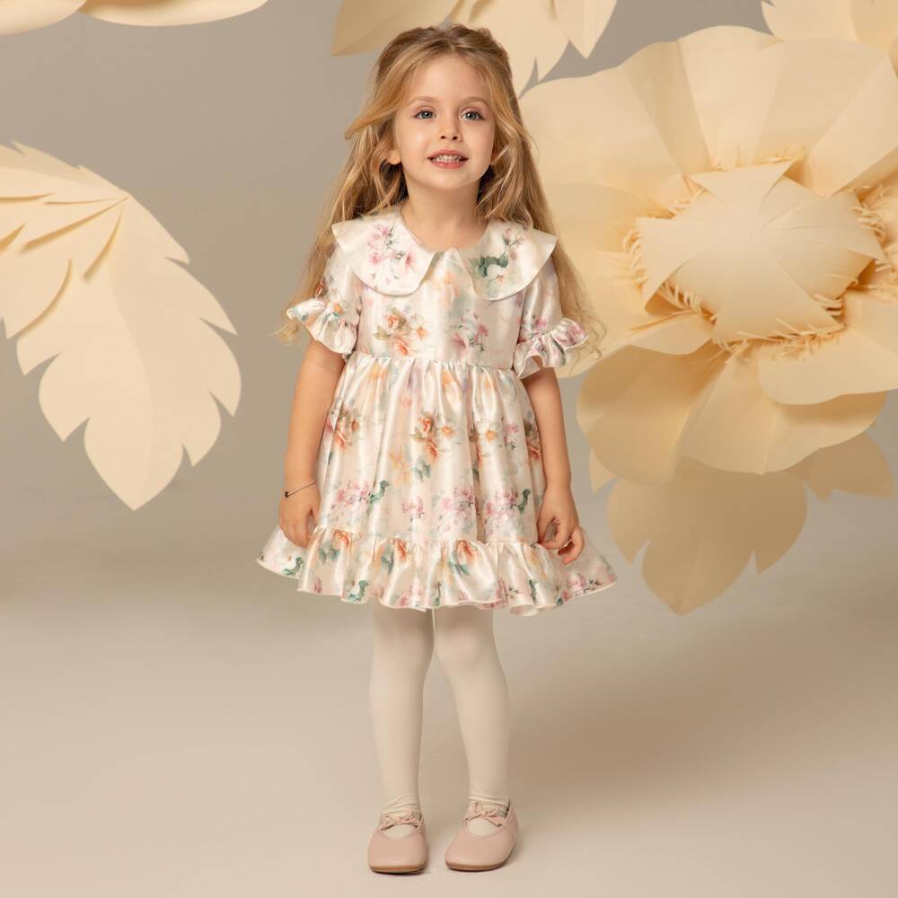 EIRENE-Baby Girls Ivory Floral Satin Dress | Childrensalon