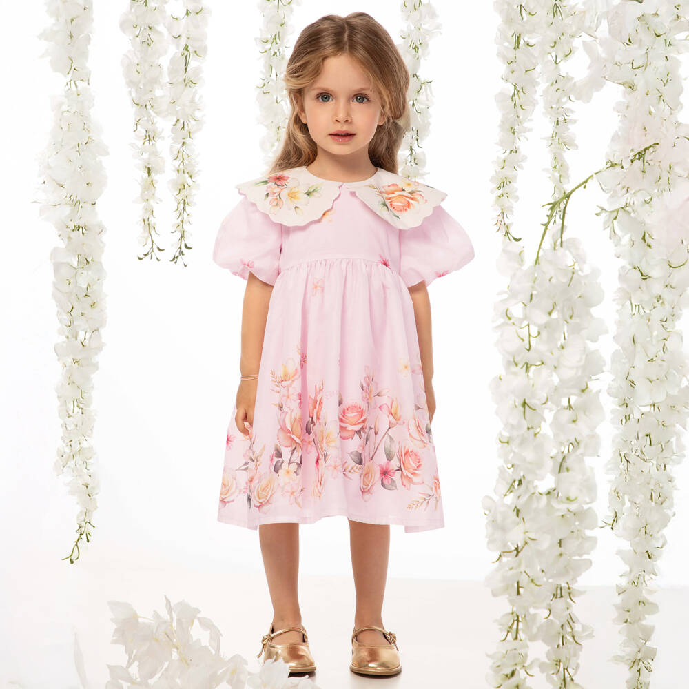 EIRENE-Baby Girls Pale Pink Cotton Floral Dress | Childrensalon