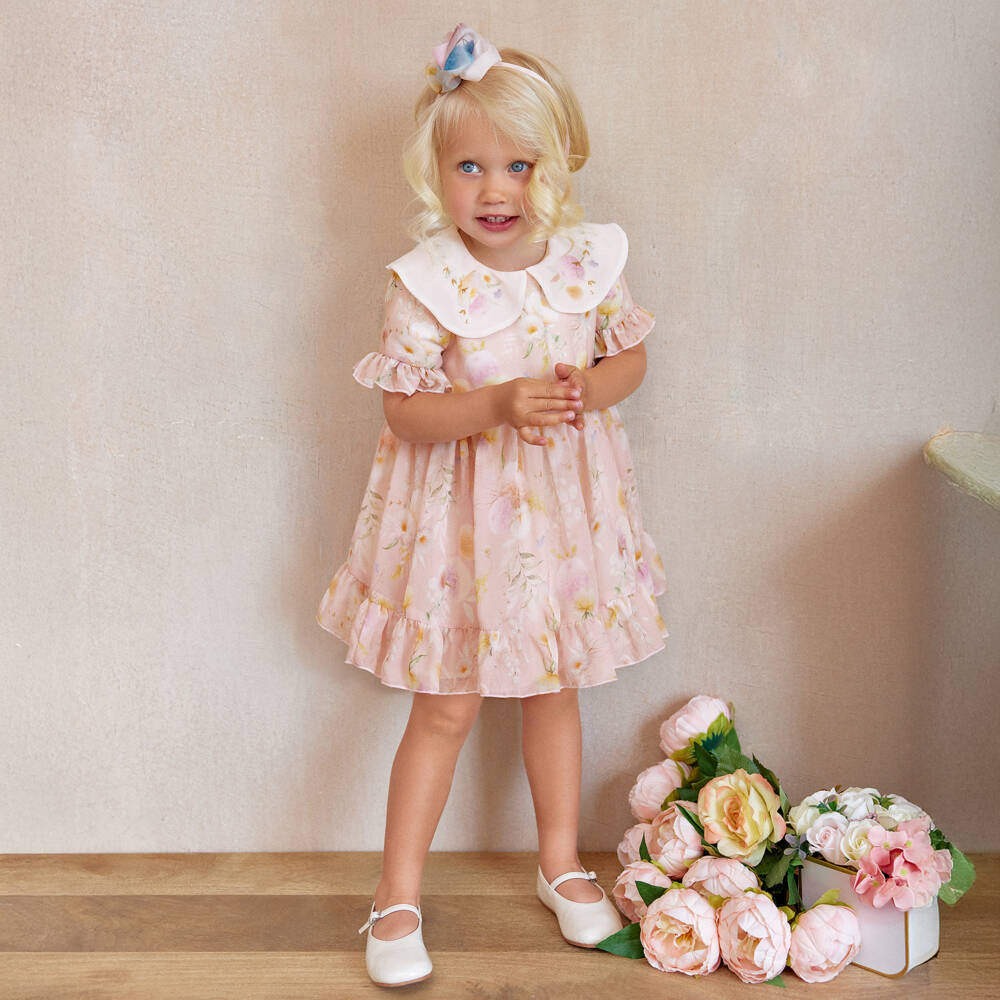 EIRENE-Baby Girls Pink Floral Print Collared Chiffon Dress | Childrensalon