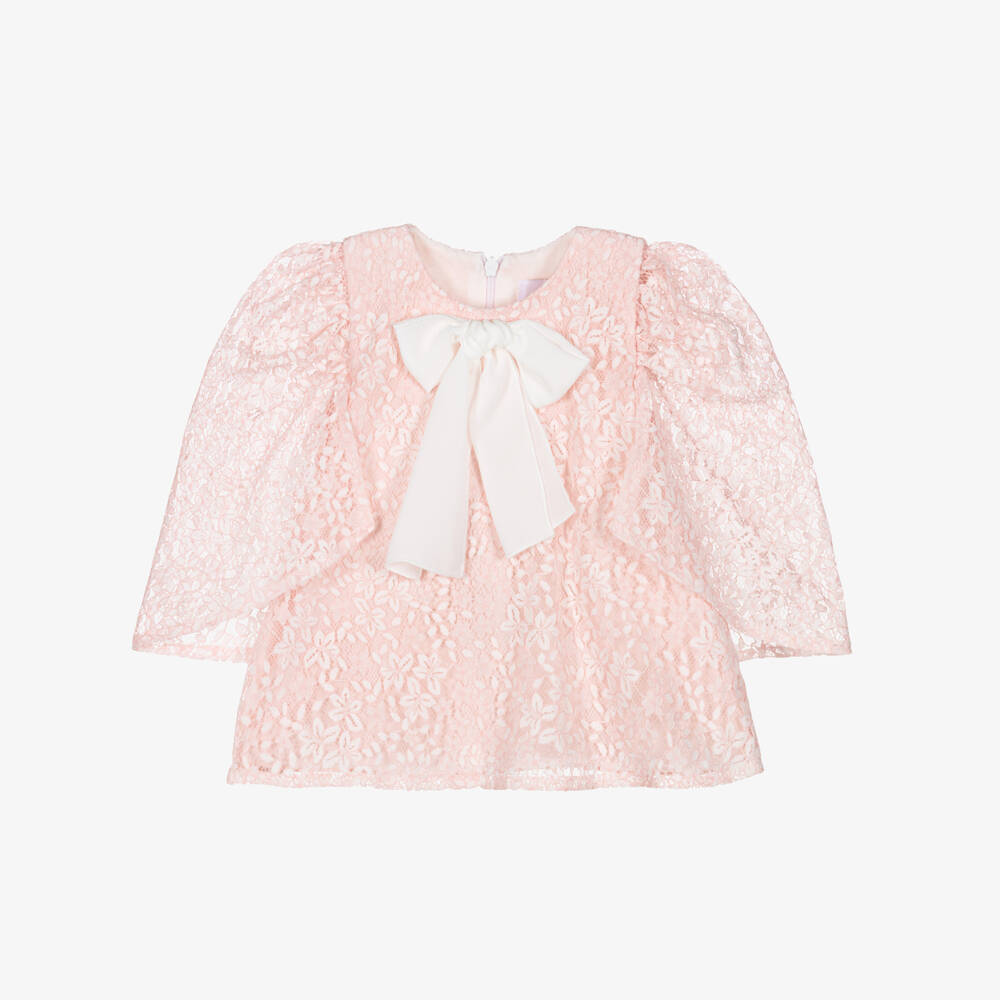 EIRENE-Baby Girls Pink Lace Dress with White Bow | Childrensalon