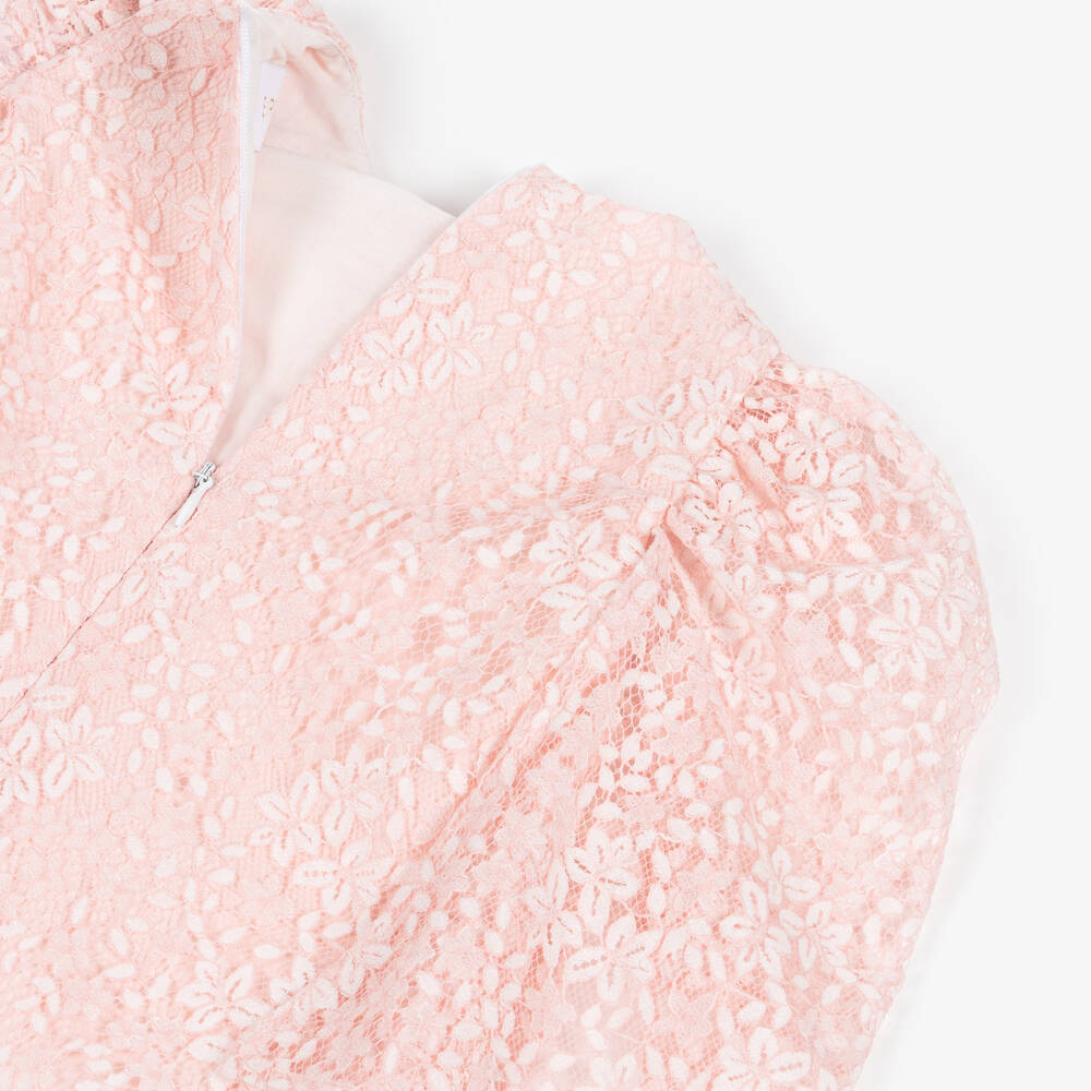 EIRENE-Baby Girls Pink Lace Dress with White Bow | Childrensalon