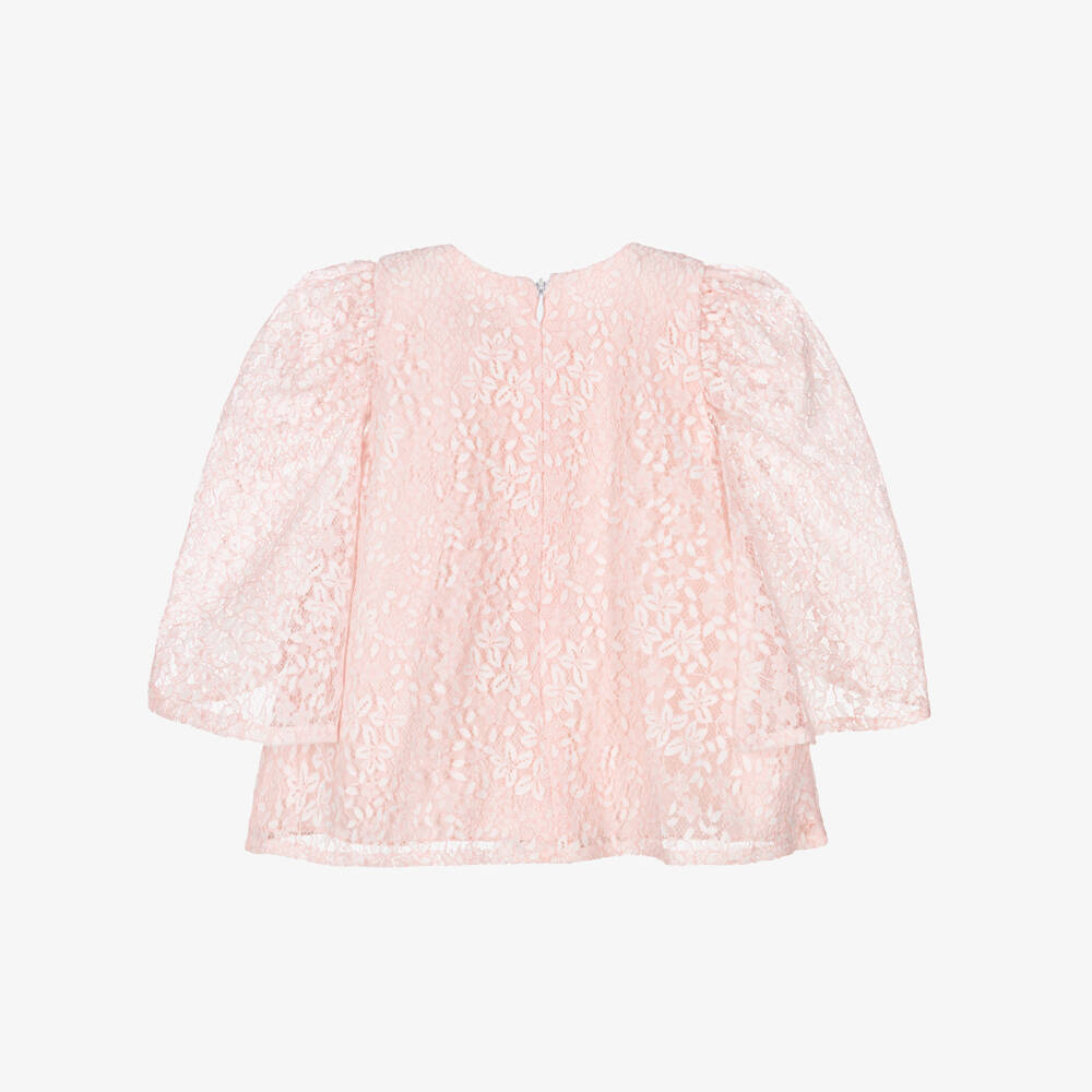 EIRENE-Baby Girls Pink Lace Dress with White Bow | Childrensalon