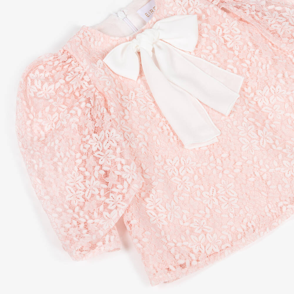 EIRENE-Baby Girls Pink Lace Dress with White Bow | Childrensalon
