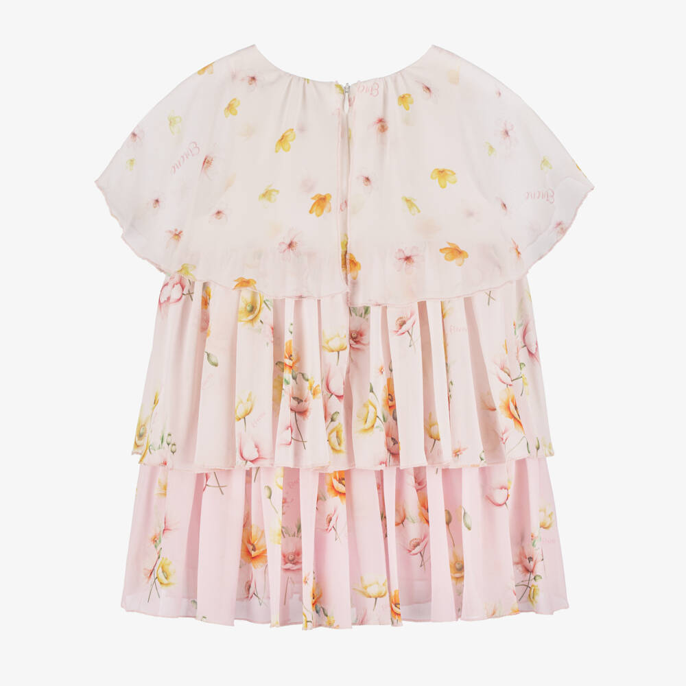 EIRENE-Платье розовое много ярусное из шифона с цветами для малышек | Childrensalon