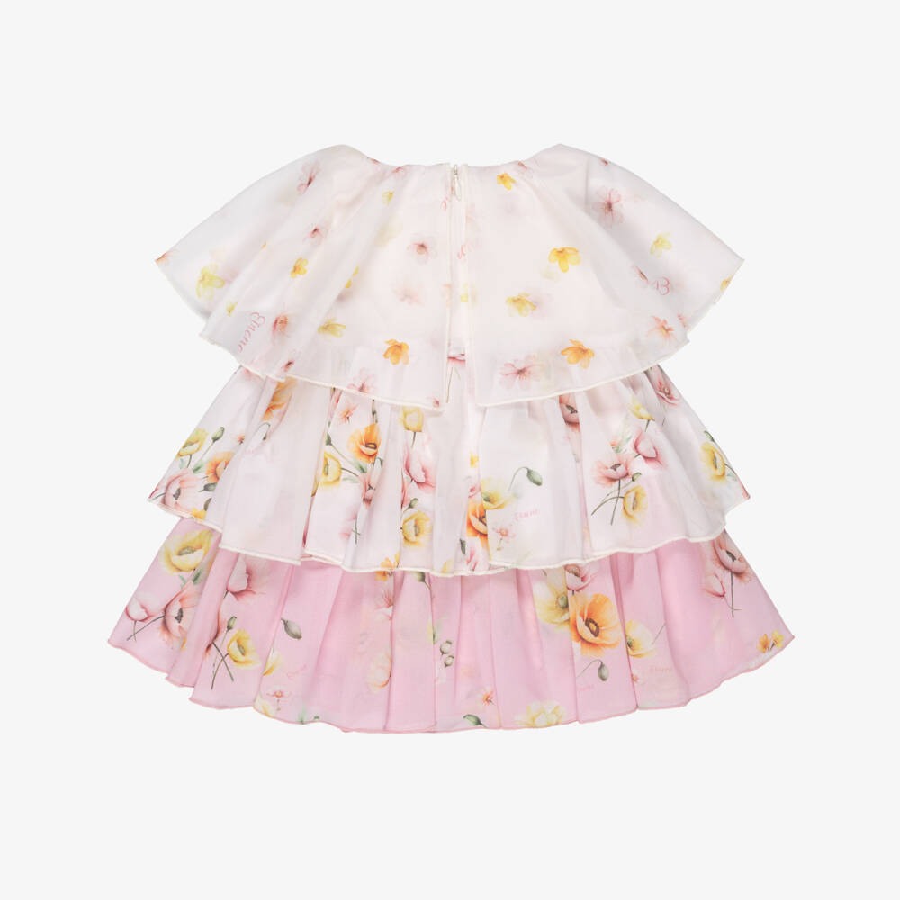 EIRENE-Платье розовое много ярусное из шифона с цветами для малышек | Childrensalon
