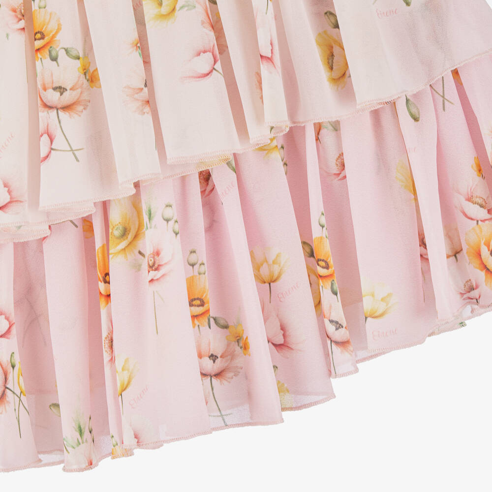 EIRENE-Платье розовое много ярусное из шифона с цветами для малышек | Childrensalon