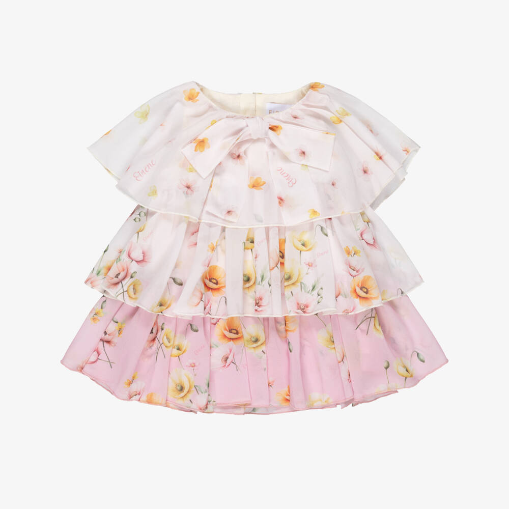EIRENE-Платье розовое много ярусное из шифона с цветами для малышек | Childrensalon