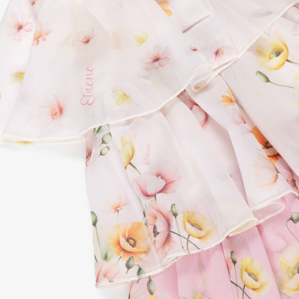 EIRENE-Платье розовое много ярусное из шифона с цветами для малышек | Childrensalon