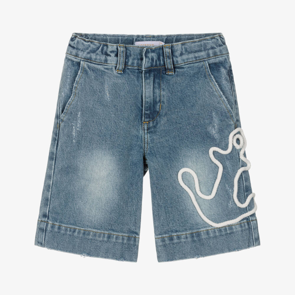 EIRENE-Boys Blue Cotton Denim Shorts with Rope Anchor Motif | Childrensalon