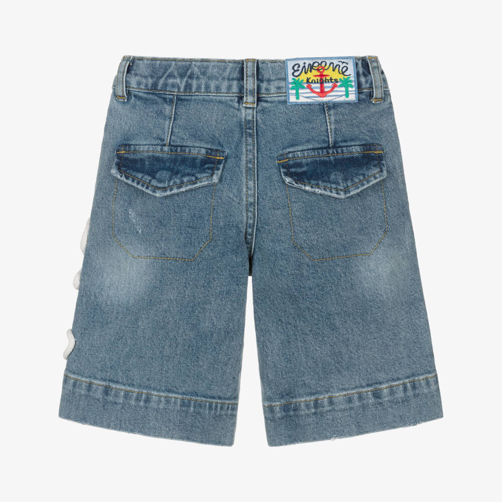 EIRENE-Boys Blue Cotton Denim Shorts with Rope Anchor Motif | Childrensalon