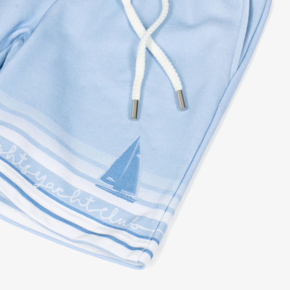 EIRENE-Boys Blue Cotton Jersey Sailboat Print Shorts | Childrensalon