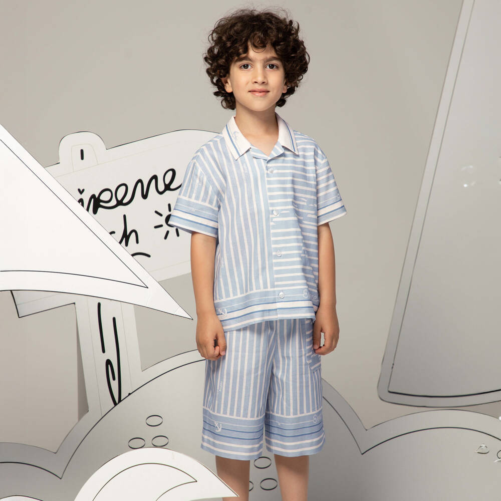 EIRENE-Boys Blue & Ivory Stripe Nautical Print Shirt | Childrensalon