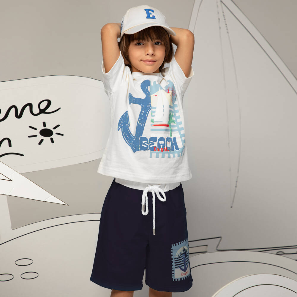 EIRENE-Boys Navy Blue Cotton Jersey Shorts with Nautical Print | Childrensalon
