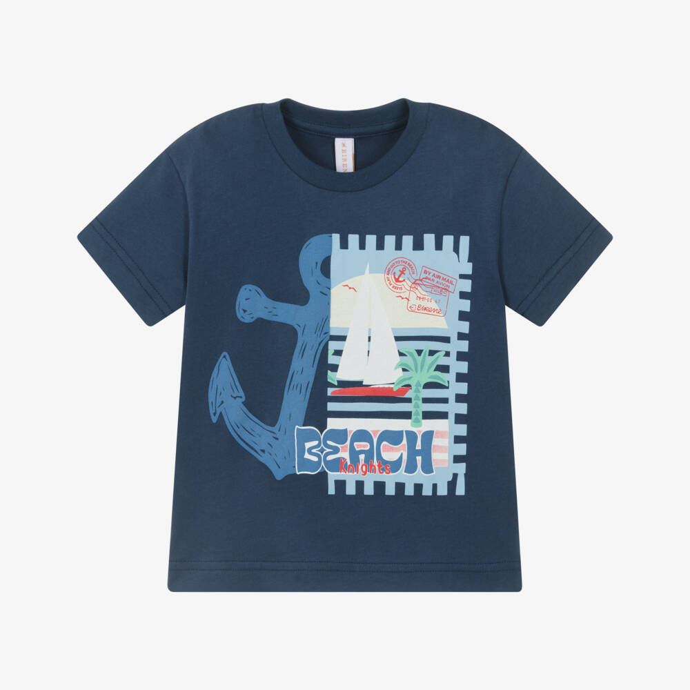 EIRENE-Boys Navy Blue Cotton T-Shirt with Nautical Print | Childrensalon