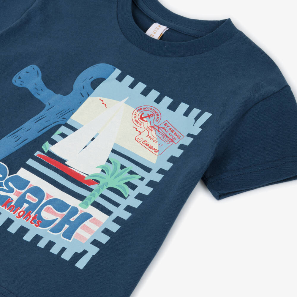EIRENE-Футболка синяя из хлопка с морским принтом для мальчиков | Childrensalon