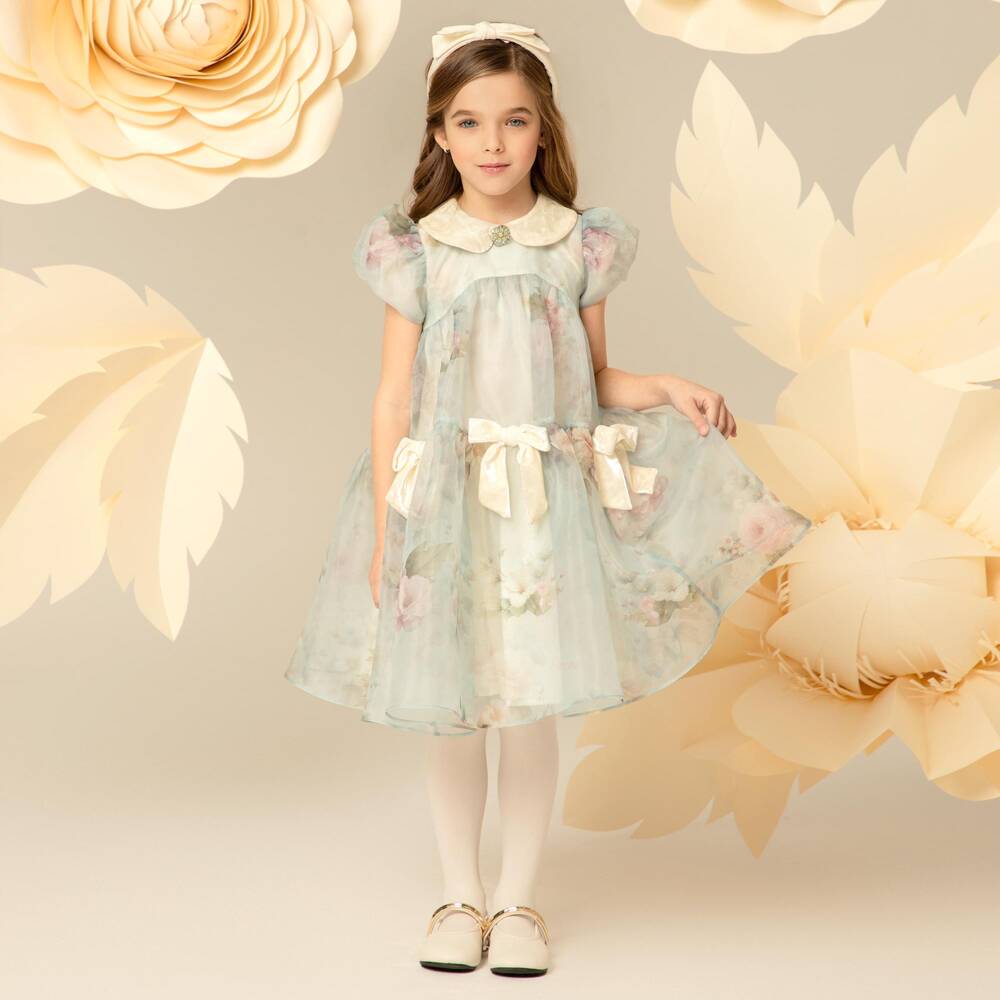 EIRENE-Girls Blue Floral Organza Dress With Bows | Childrensalon