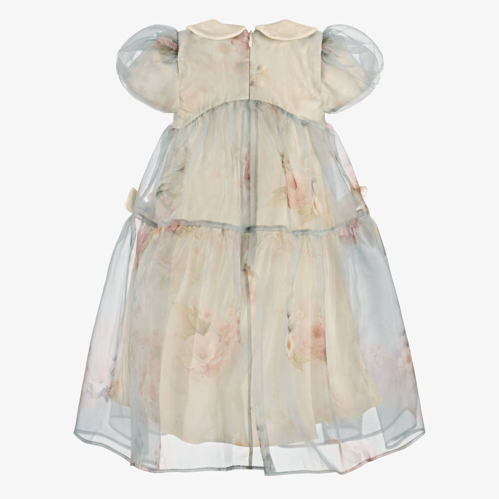 EIRENE-Girls Blue Floral Organza Dress With Bows | Childrensalon