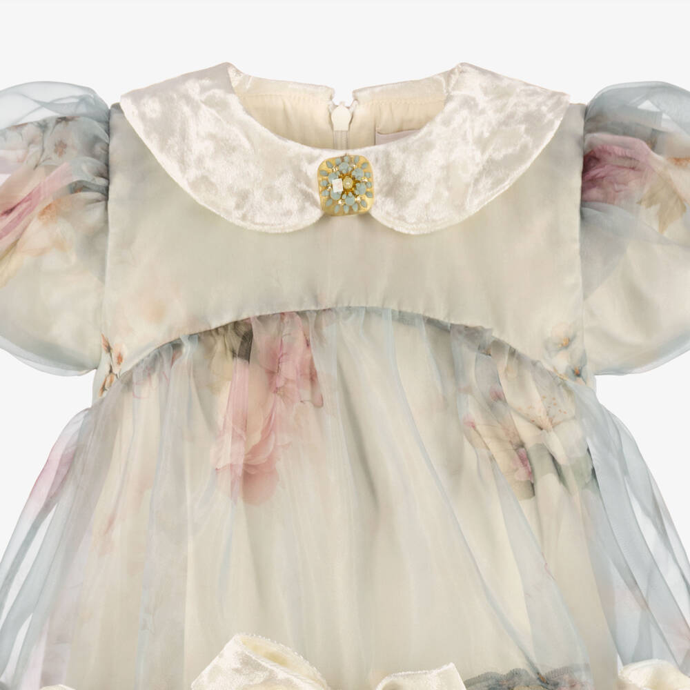 EIRENE-Girls Blue Floral Organza Dress With Bows | Childrensalon