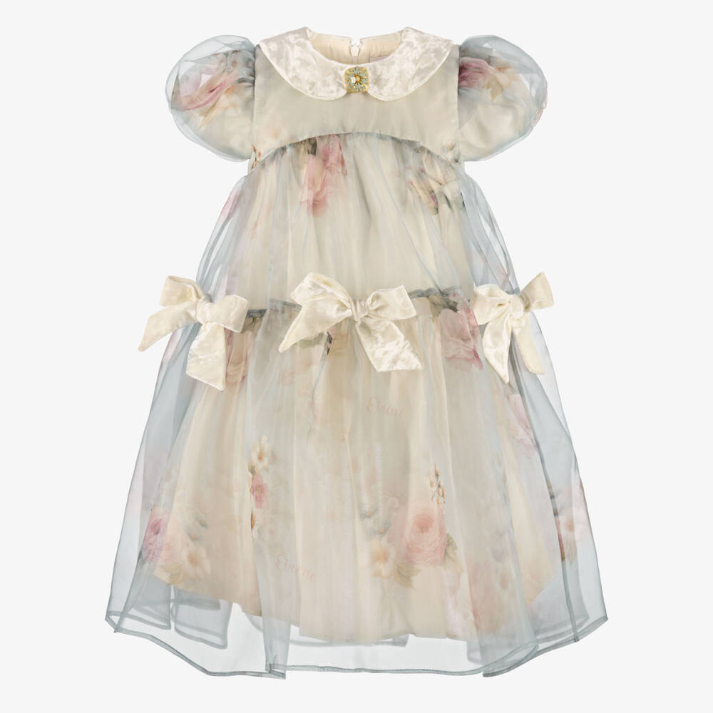 EIRENE-Girls Blue Floral Organza Dress With Bows | Childrensalon
